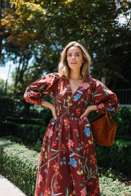 burgundy floral puff sleeve dress