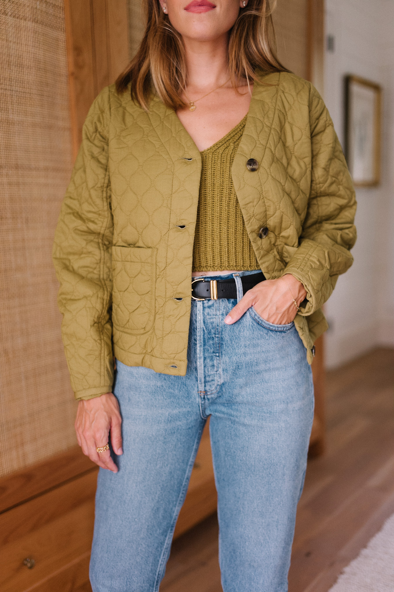 olive green sweater tank quilted jacket blue denim