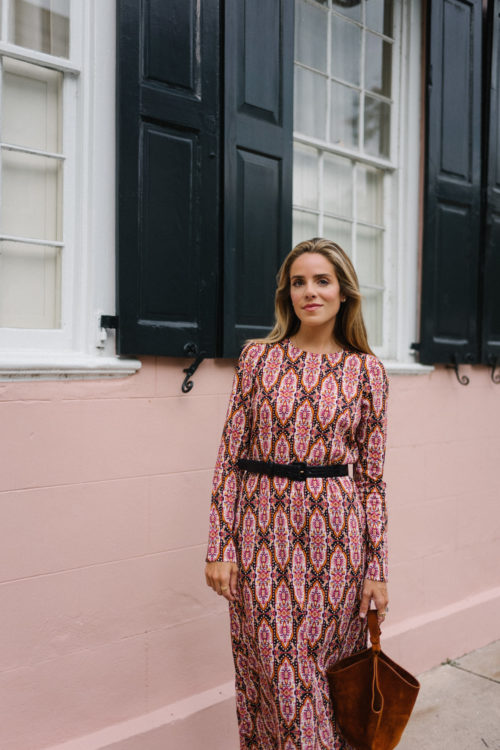pink pattern long sleeved swing dress