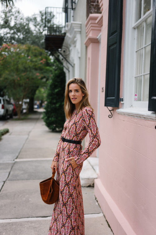 pink pattern long sleeved swing dress