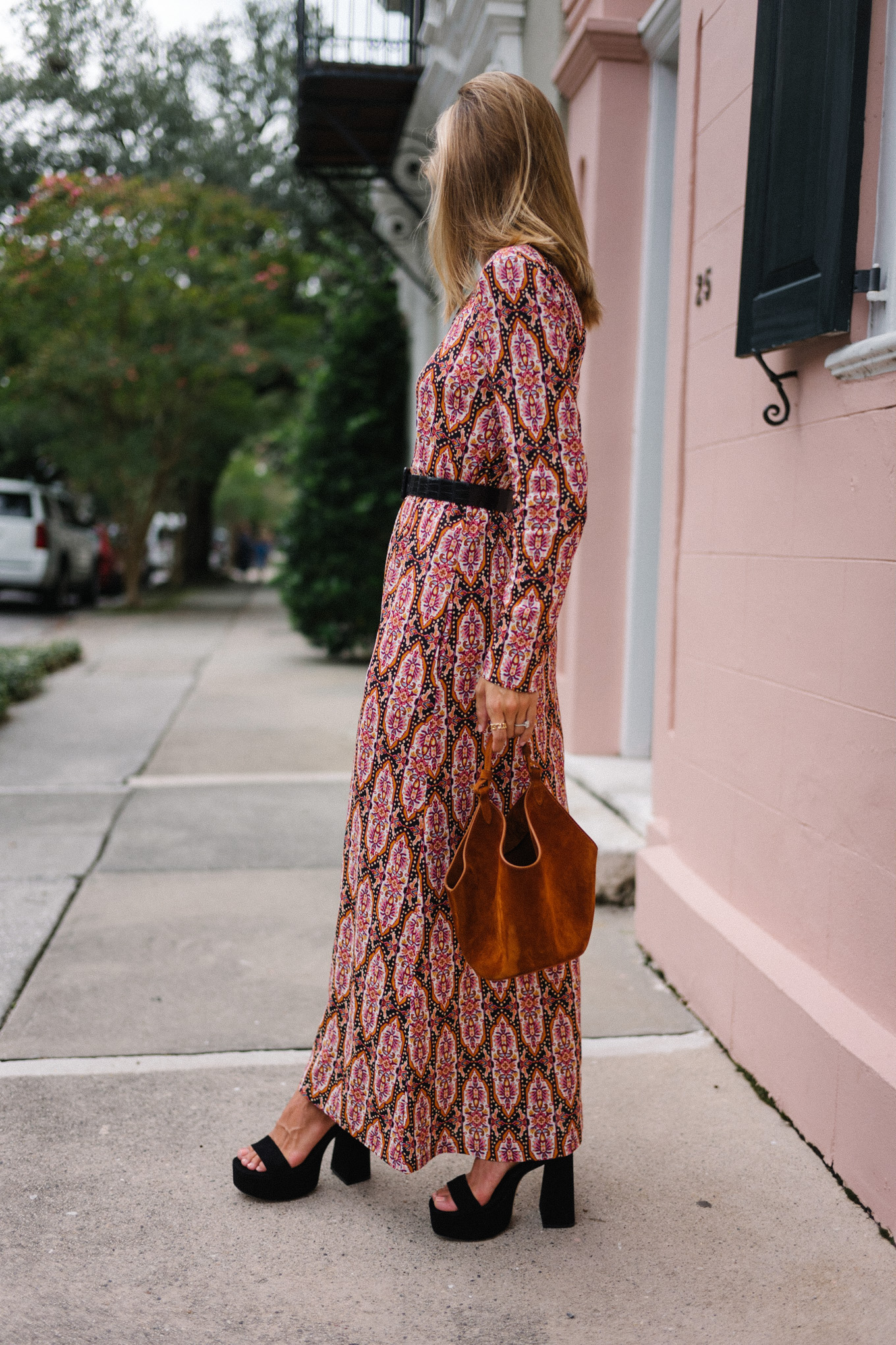 pink pattern long sleeved swing dress