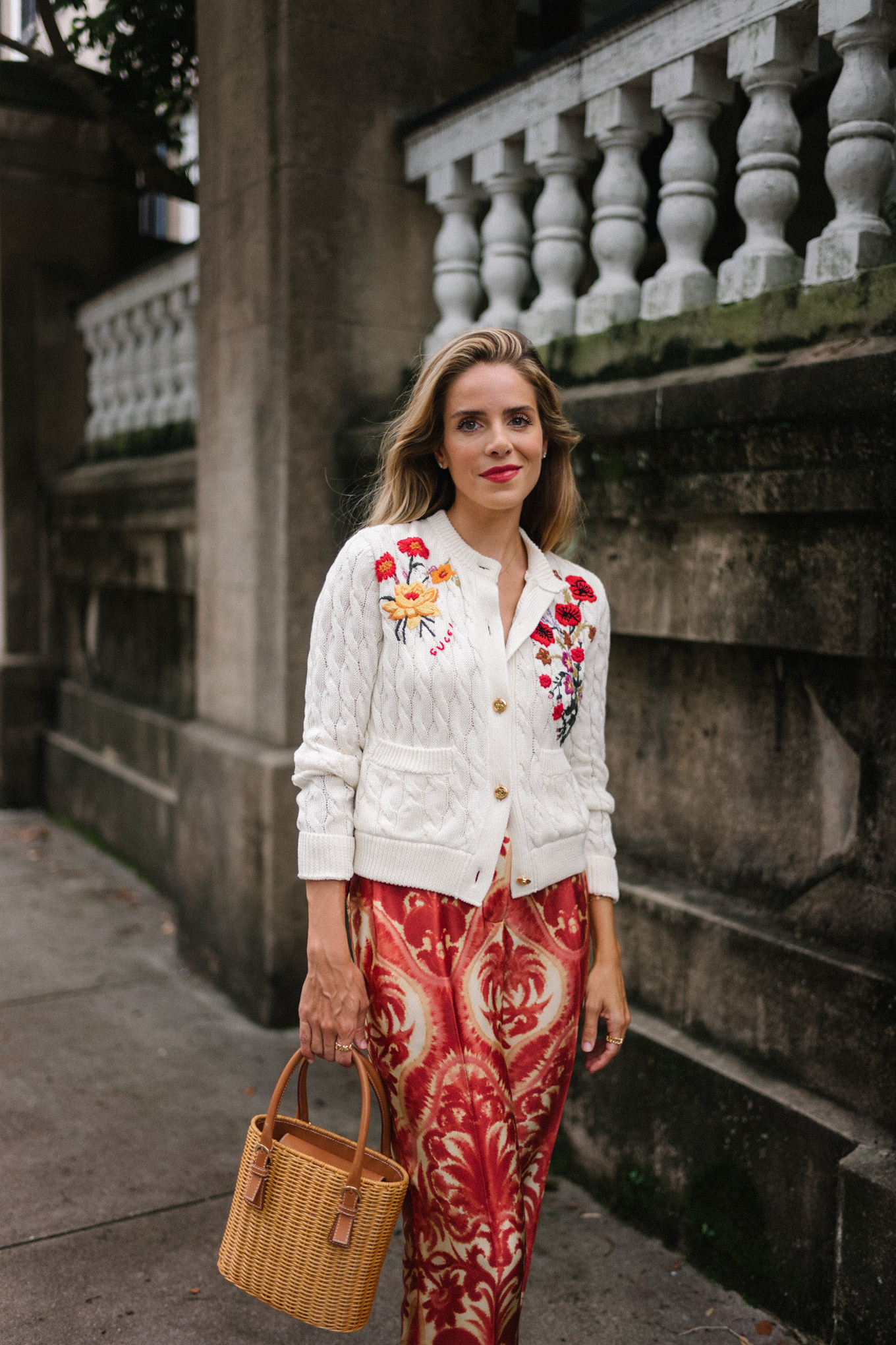 cream embroidered cardigan red patterned silk pants