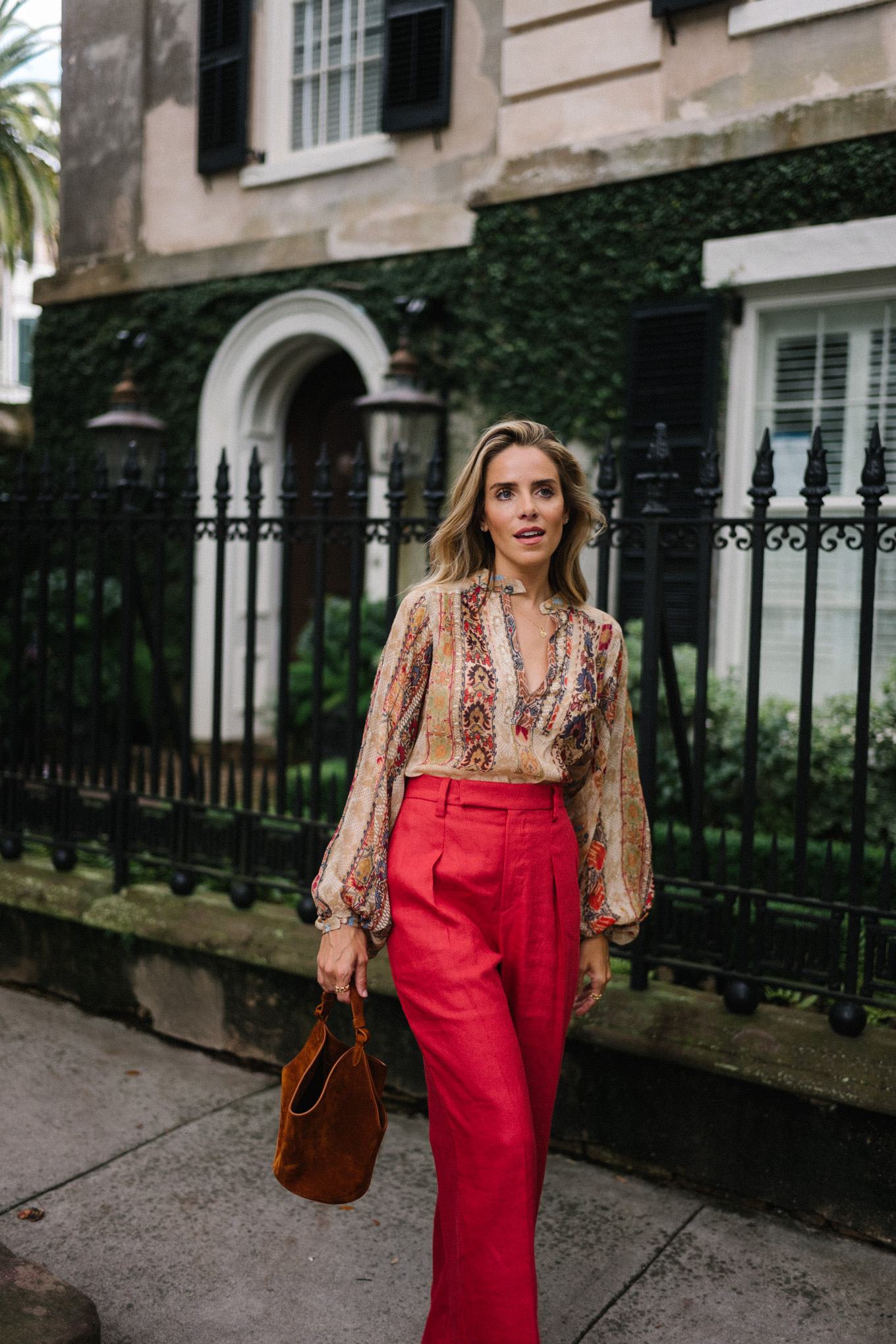 patterned blouse red silk trousers