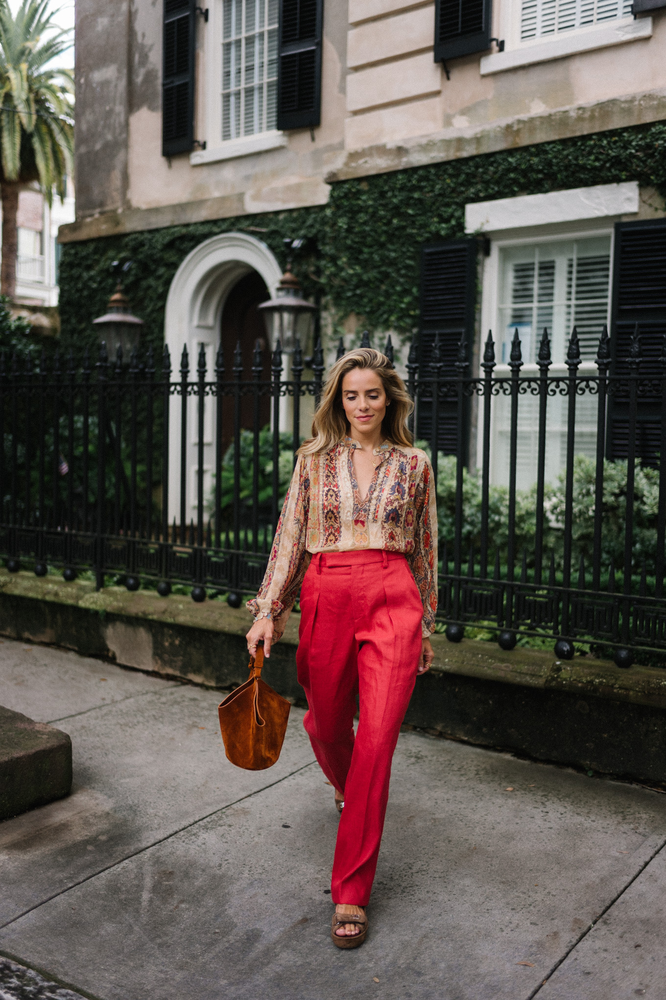 patterned blouse red silk pants
