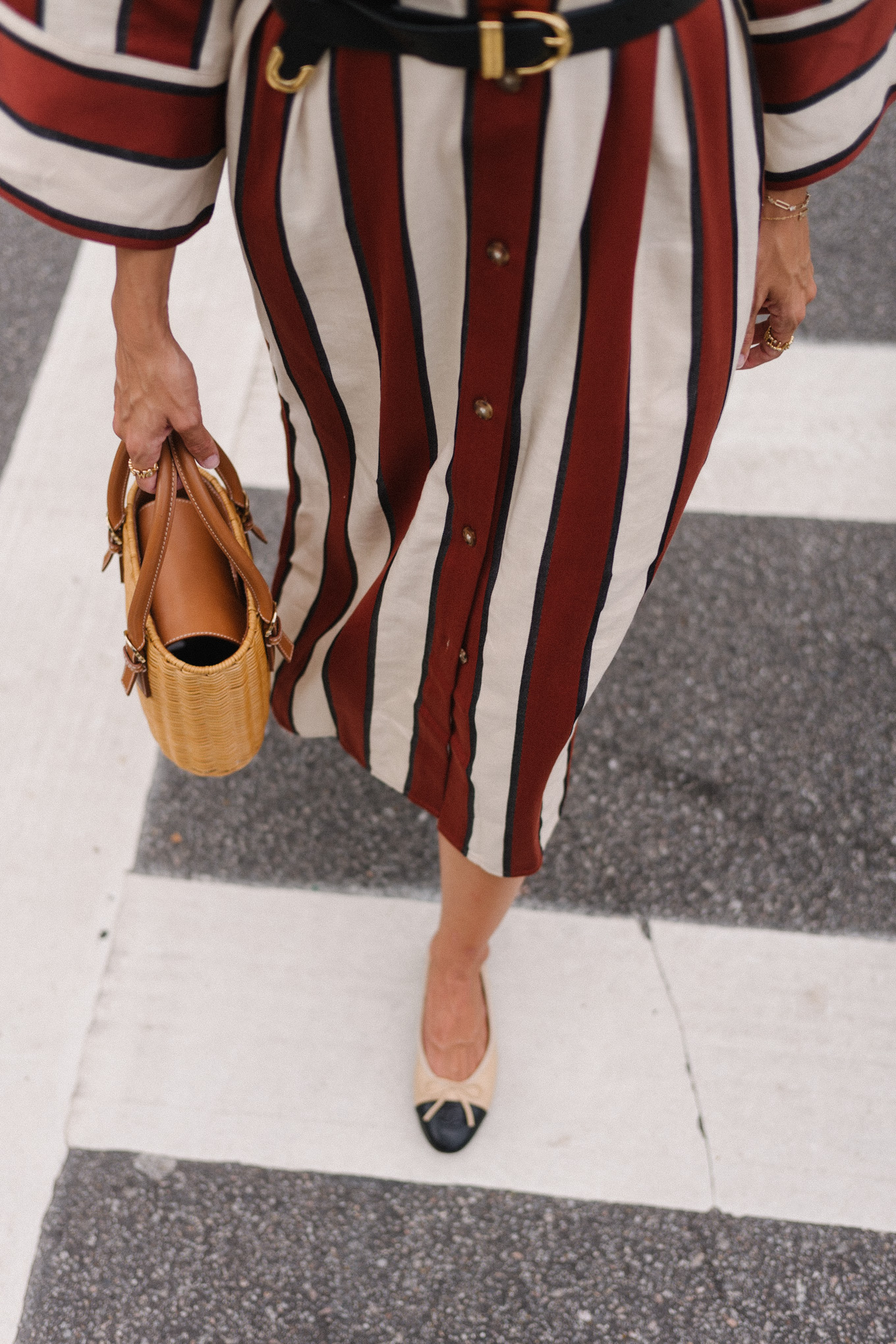brown cream belted striped shirtdress