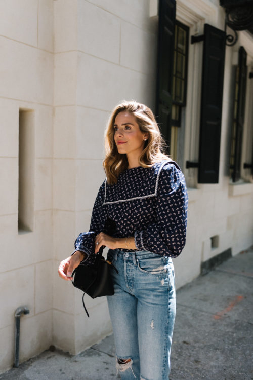 patterned navy blouse blue denim