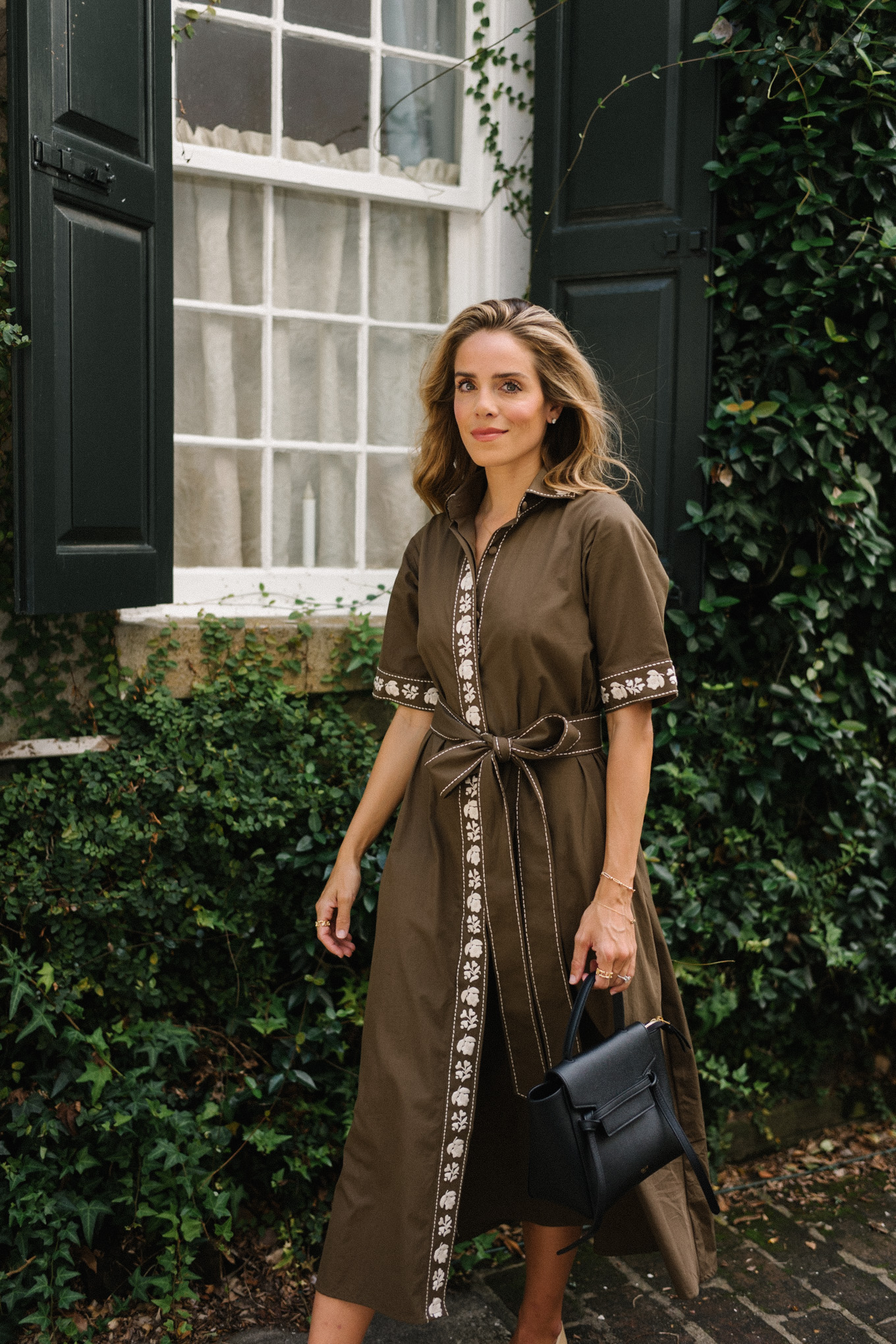 brown embroidered shirtdress