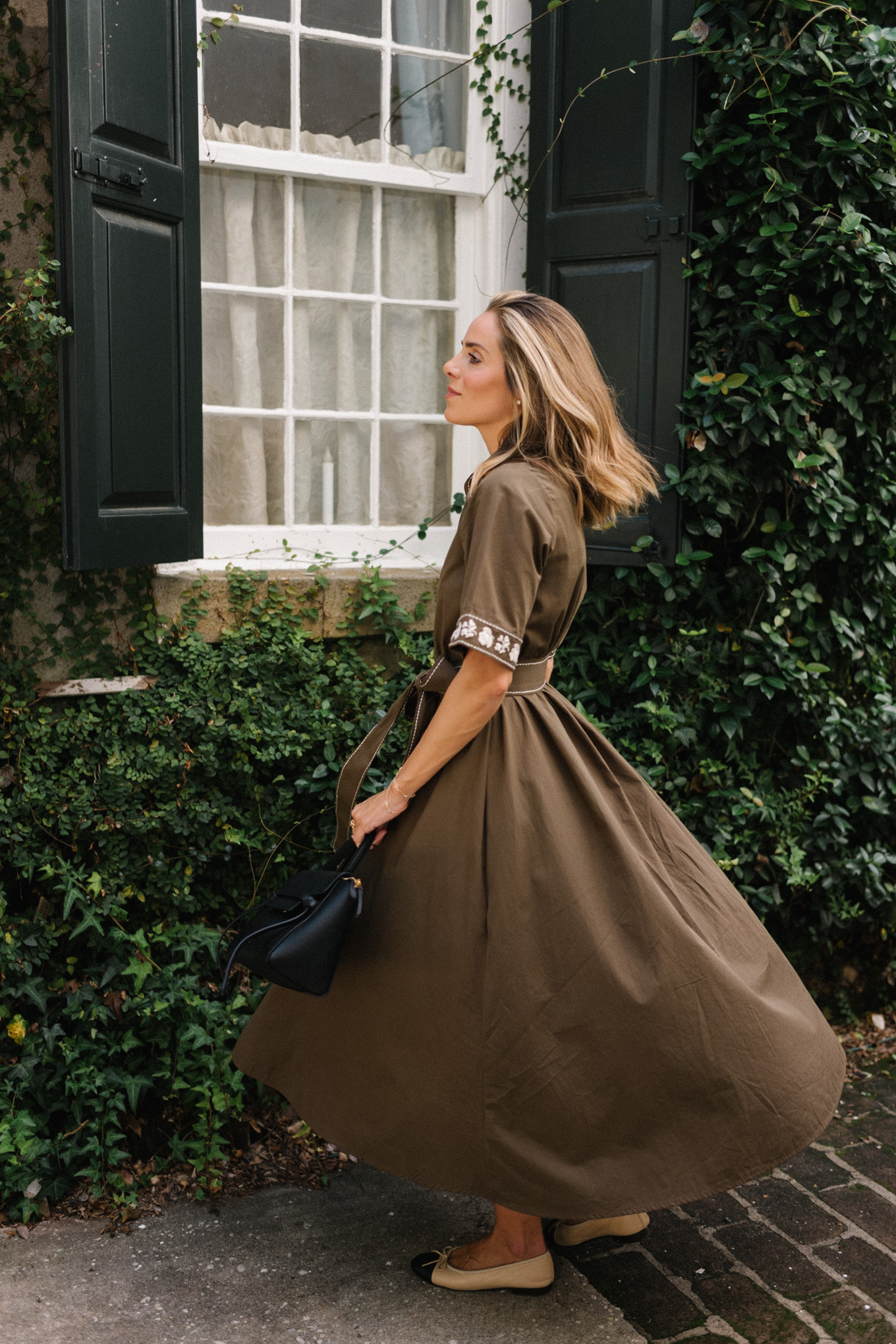 brown embroidered shirtdress