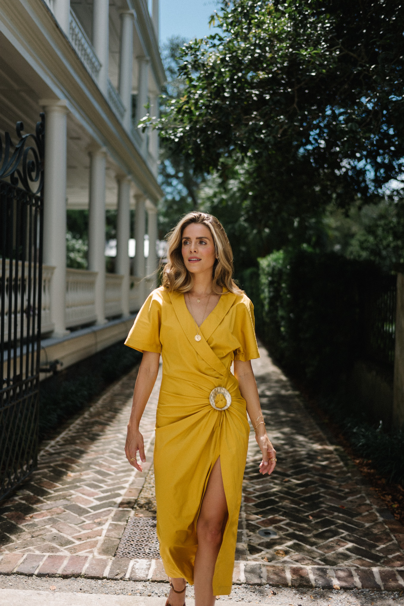 yellow cinched shirtdress