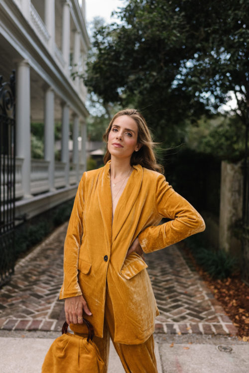 gold velvet blazer suit set