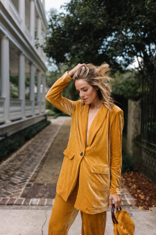 gold velvet blazer suit set
