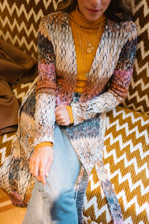 zigzag stripe belted cardigan gold turtleneck brown wool coat