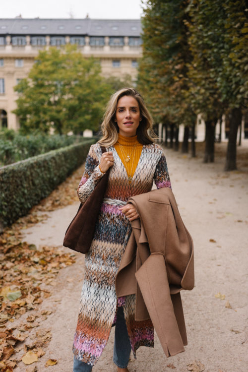 zigzag stripe belted cardigan gold turtleneck brown wool coat