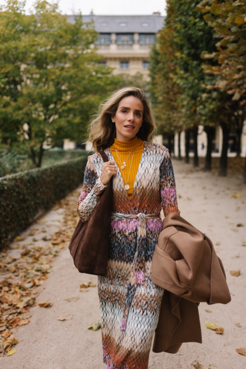 zigzag stripe belted cardigan gold turtleneck brown wool coat