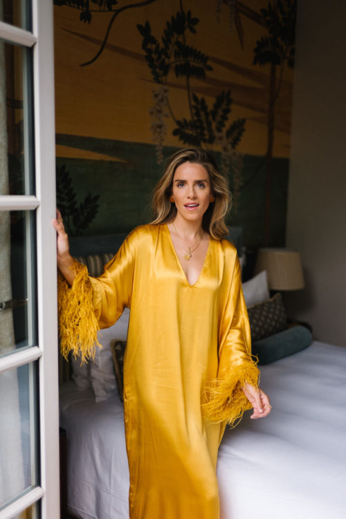 gold silk feather dress brown suede heels
