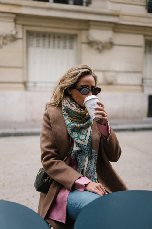 brown coat green printed silk scarf