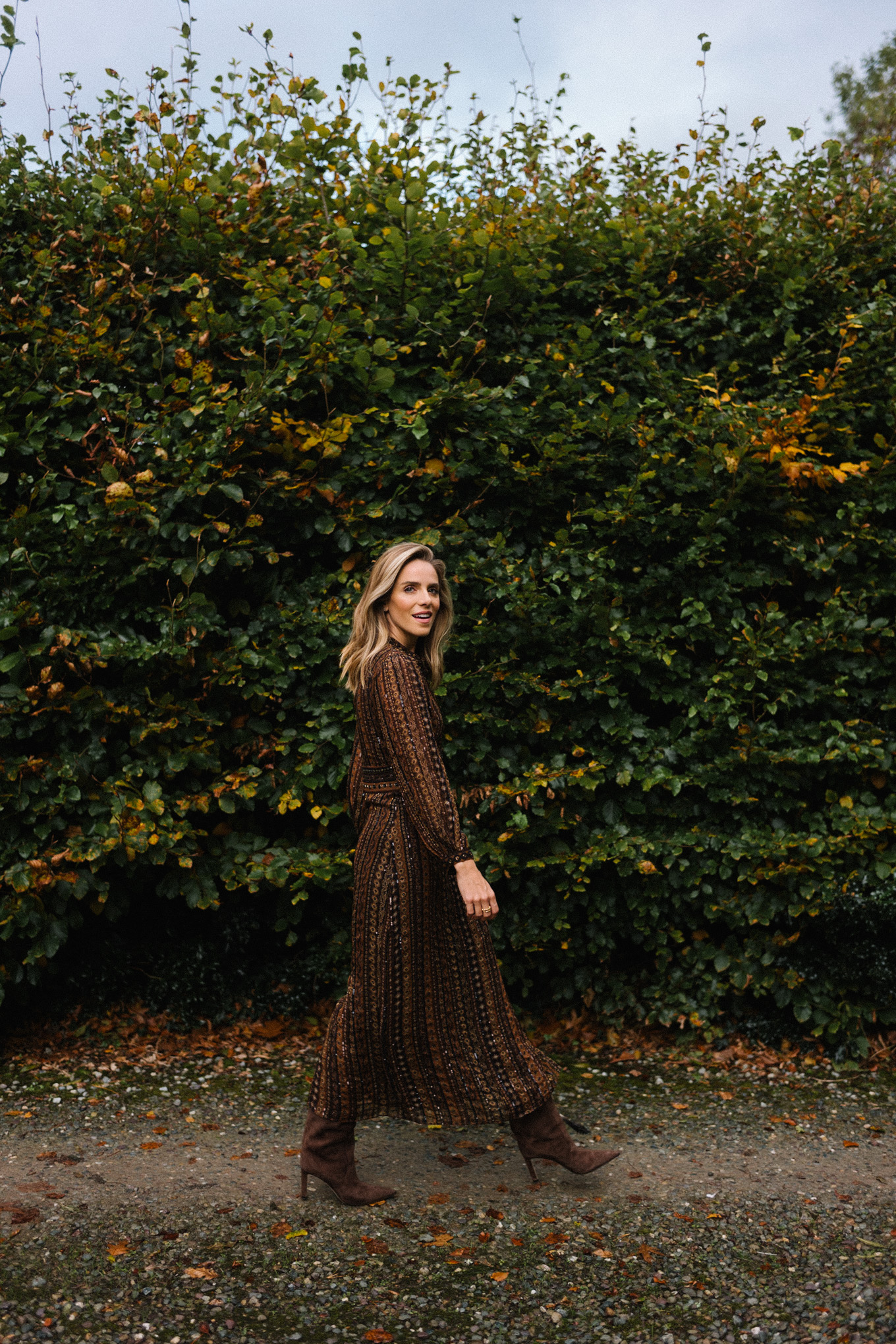 brown beaded midi dress