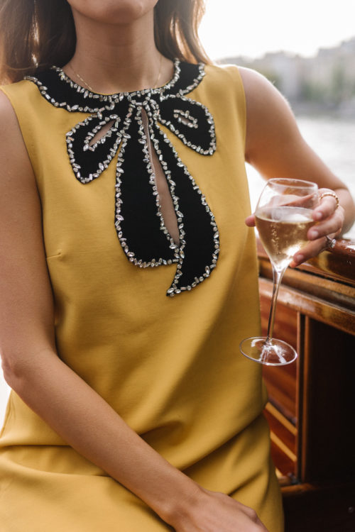 gold embellished dress black cream reversible wool coat