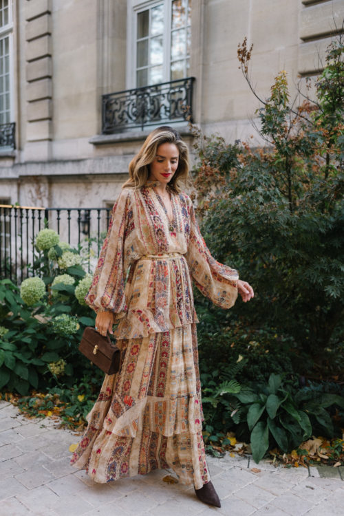 brown patterned long sleeve tiered dress