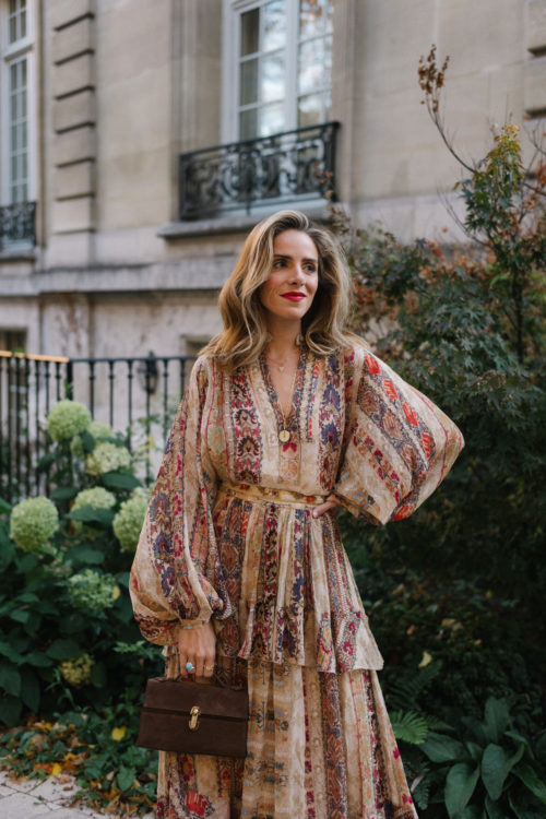 brown patterned long sleeve tiered dress