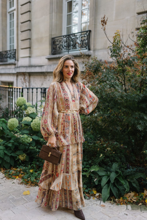 brown patterned long sleeve tiered dress