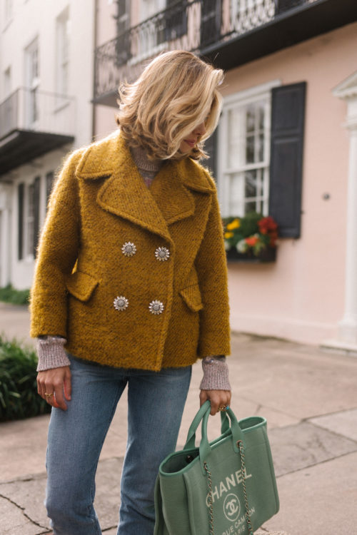gold double breasted mohair coat