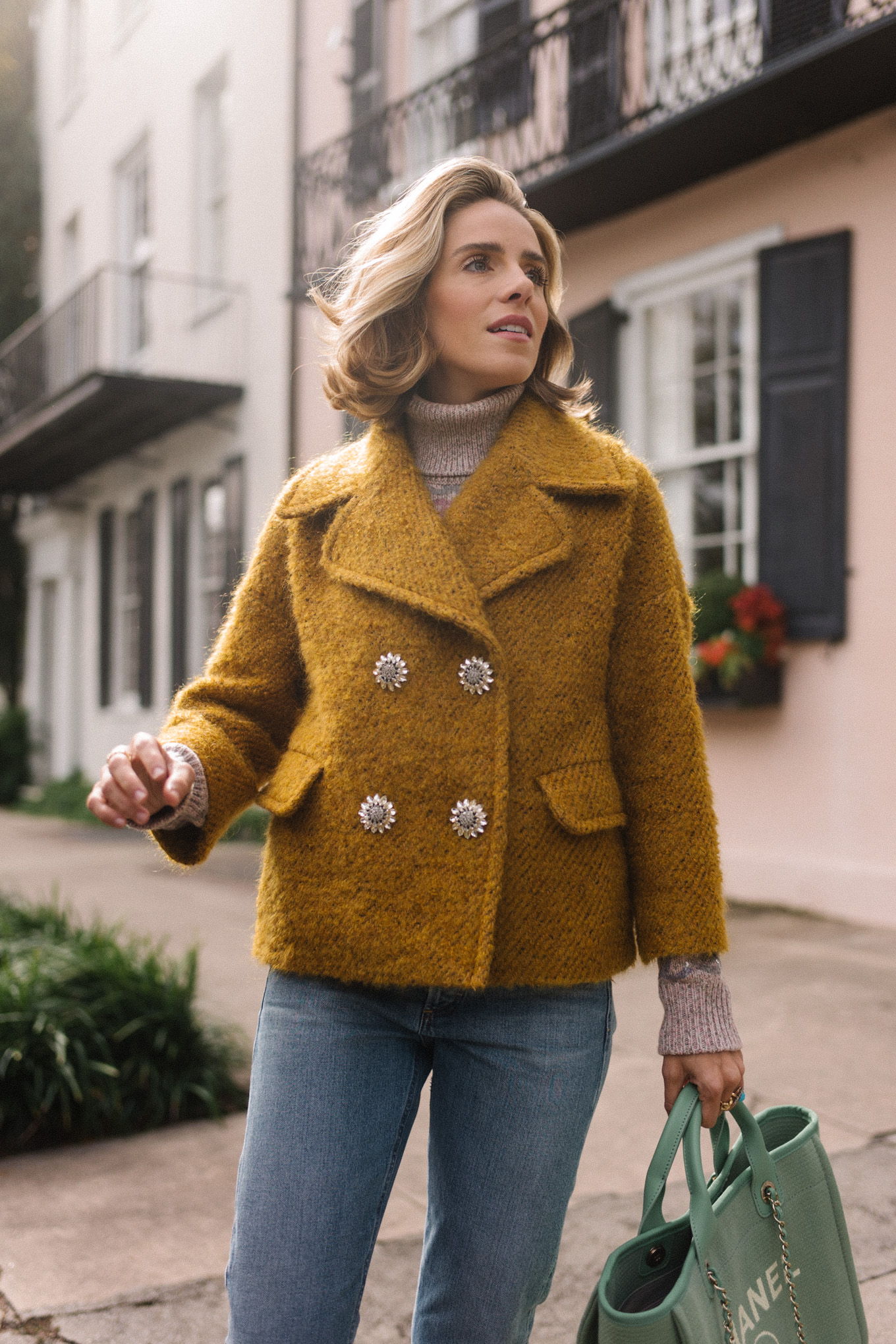 gold double breasted mohair coat