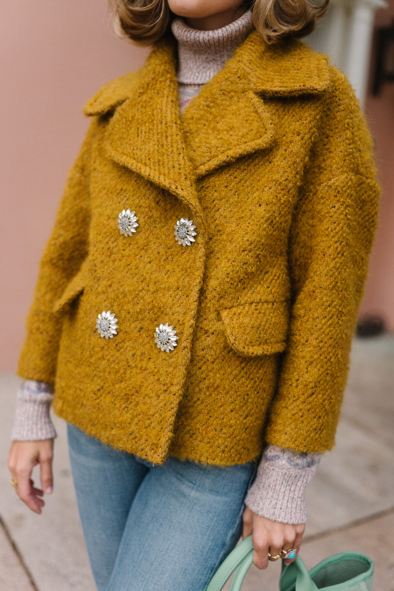 gold double breasted mohair coat