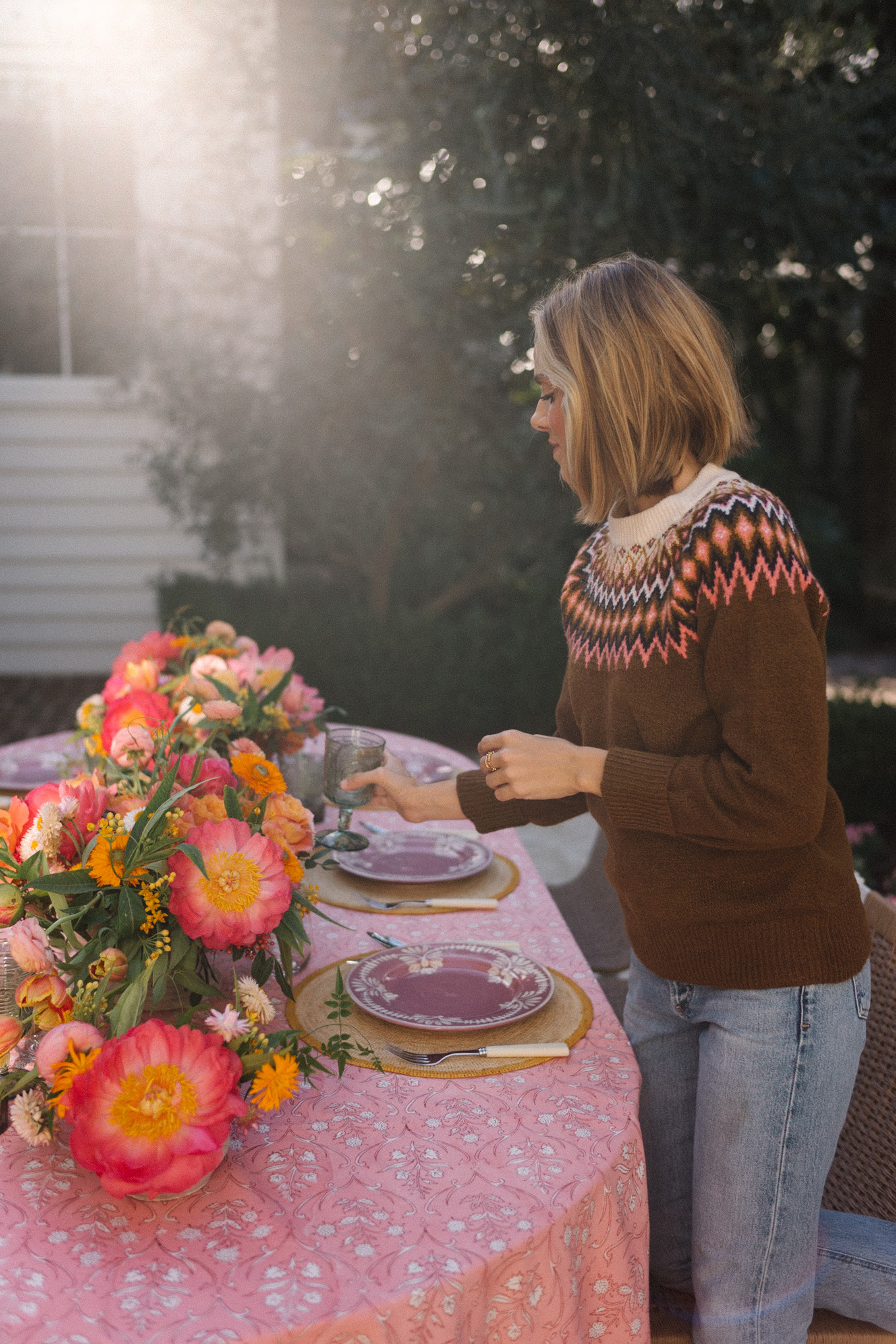 pink holiday tablescape brown fair isle sweater