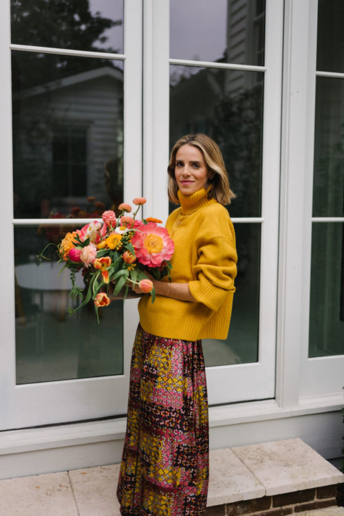gold turtleneck sweater silk patchwork skirt