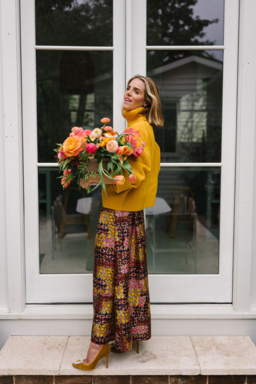gold turtleneck sweater silk printed maxi skirt