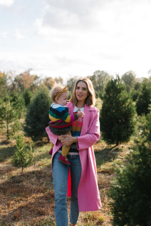 pink wool coat rainbow holiday sweaters