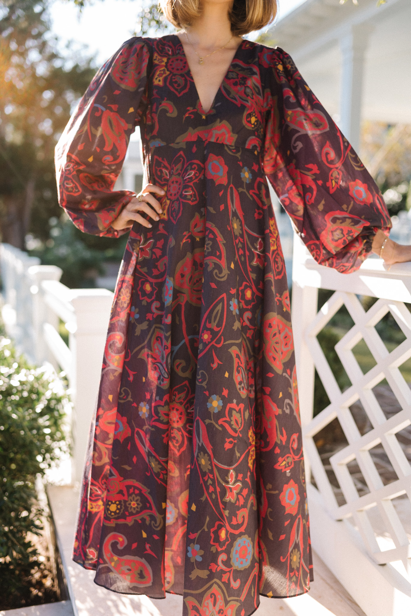 long sleeve floral print dress in burgundy