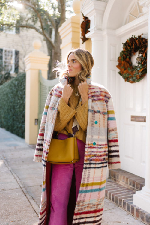 rainbow striped coat gold sweater pink flared pants