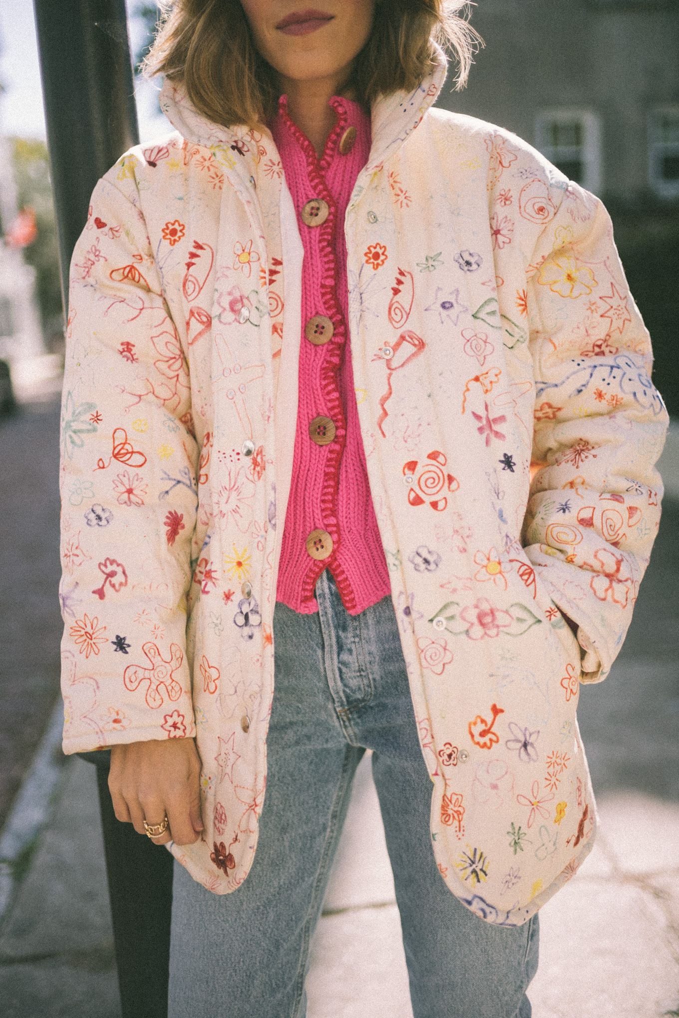 pink cardigan colorful printed coat