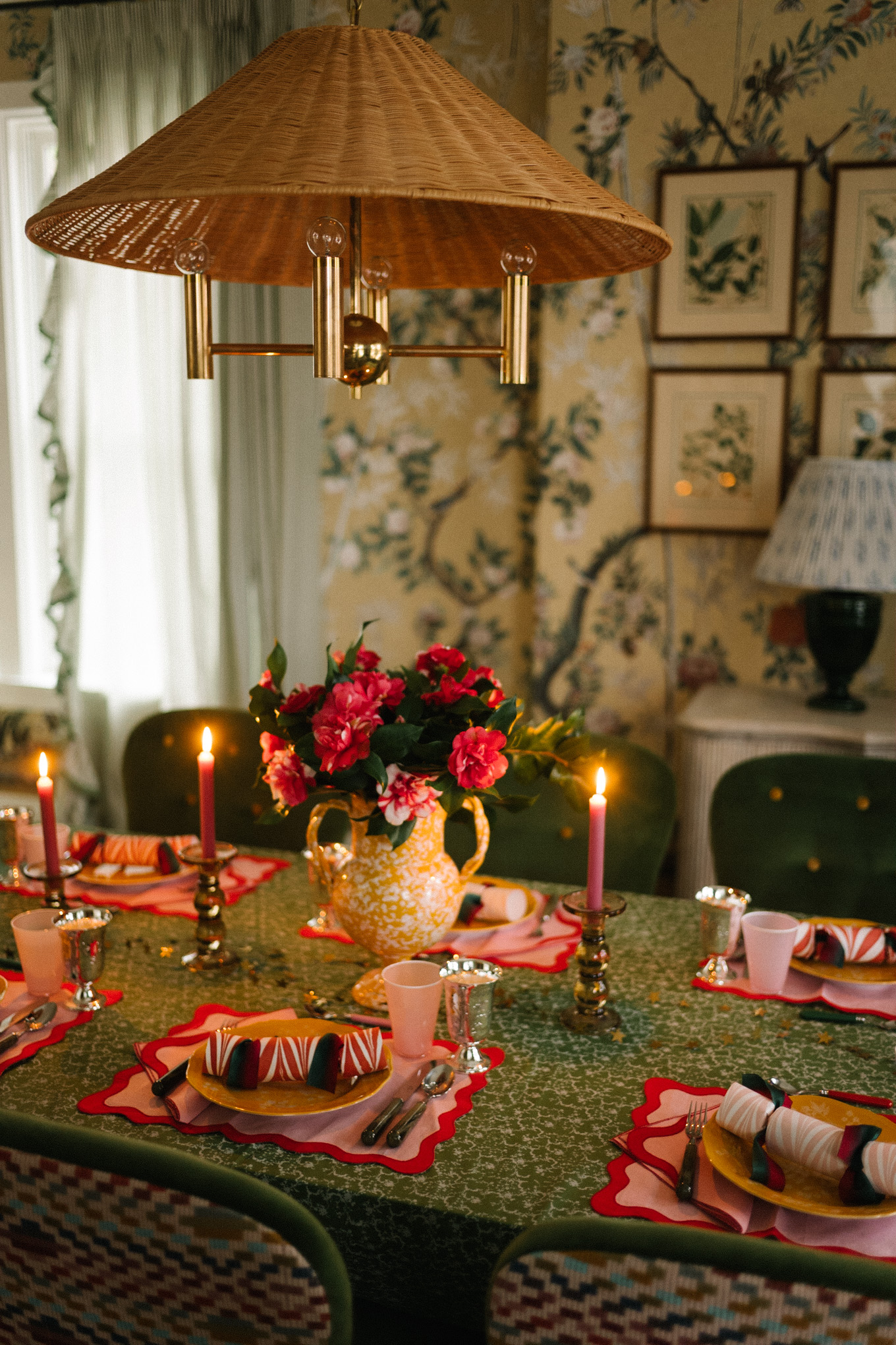 green pink yellow colorful holiday tablescape