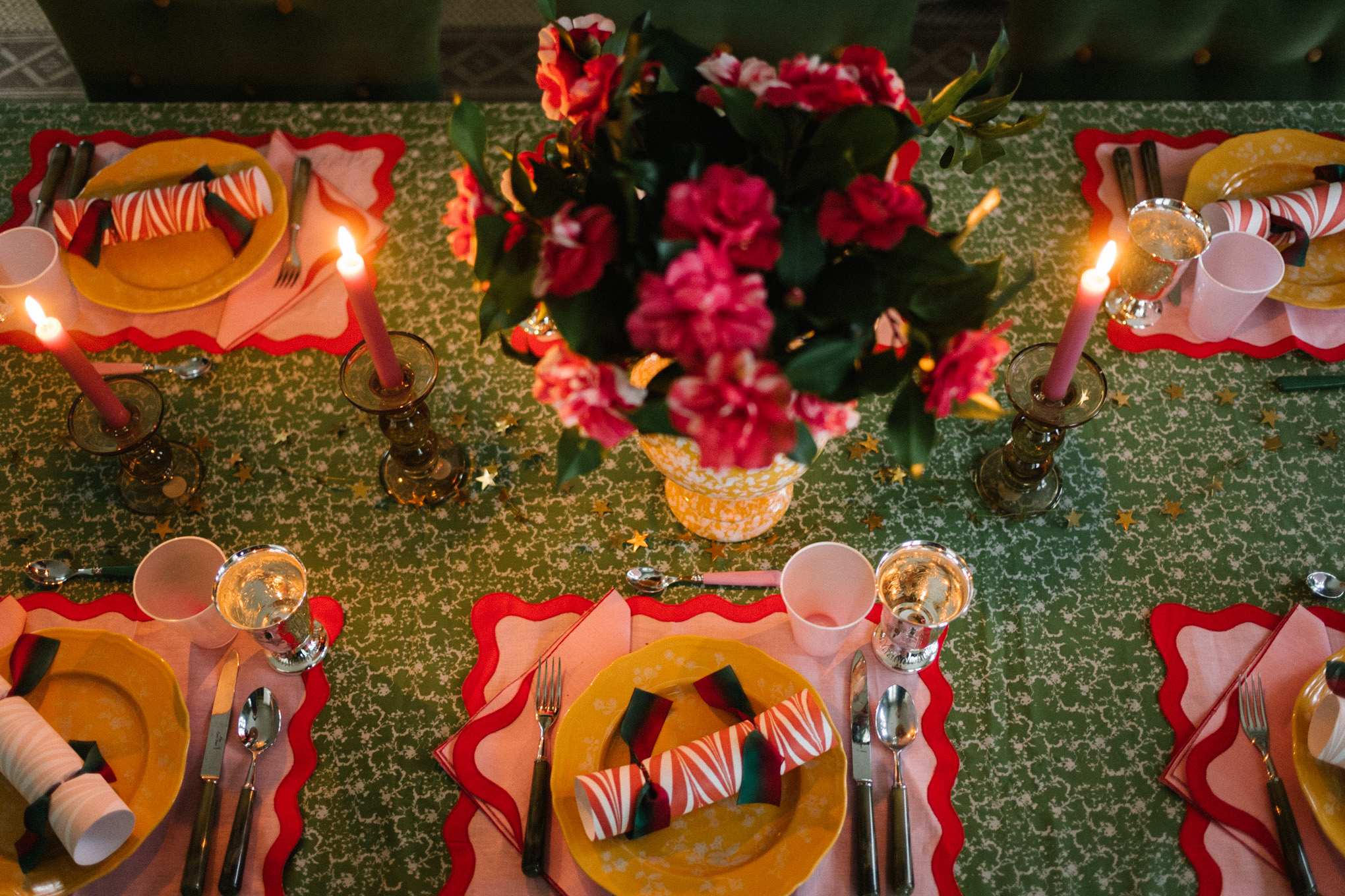 green pink yellow colorful holiday tablescape