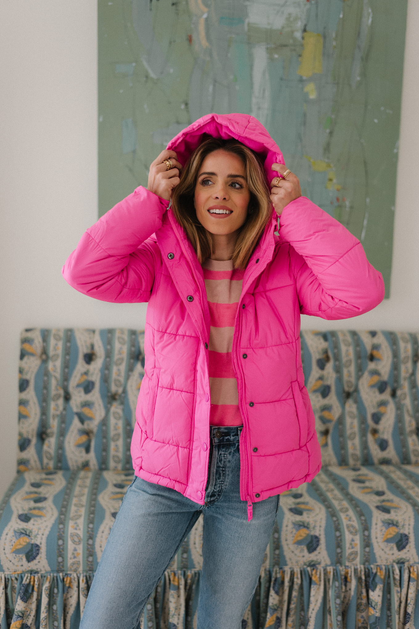 pink puffer coat pink striped sweater