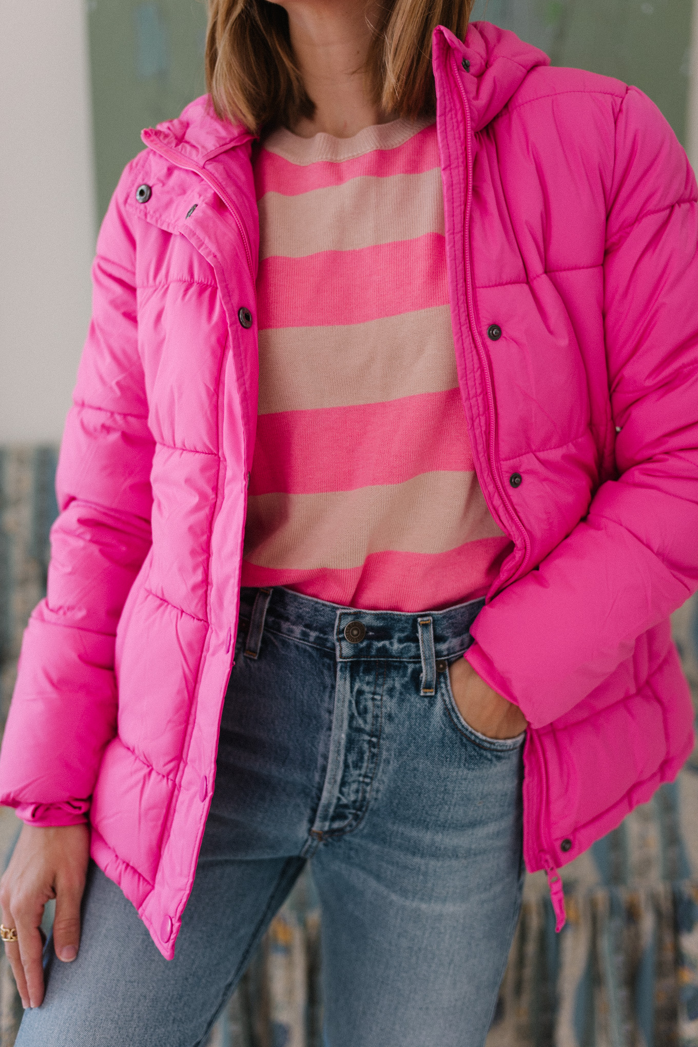 pink puffer coat pink stripe sweater