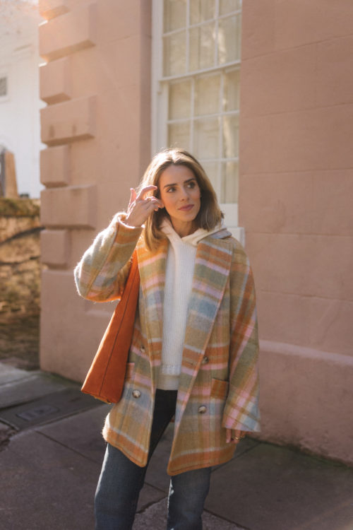 pastel plaid coat white sweater blue denim trousers