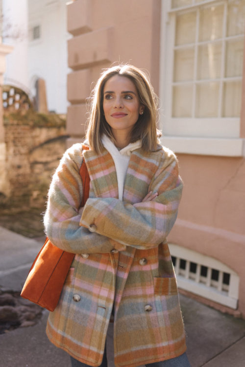 pastel plaid coat white sweater blue denim trousers