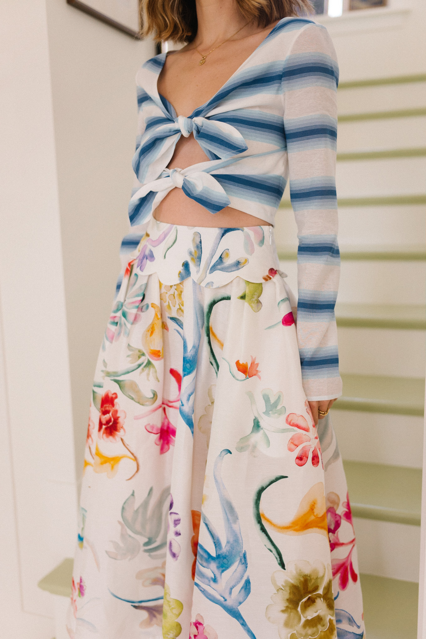 blue white striped top floral skirt