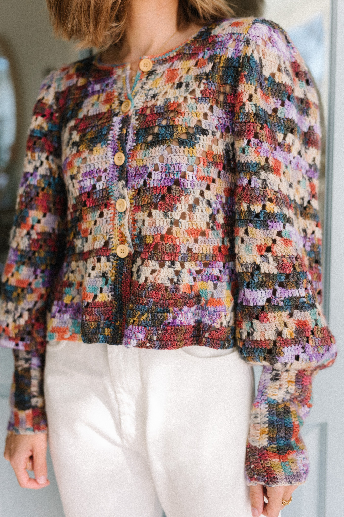 multi color crochet cardigan white denim