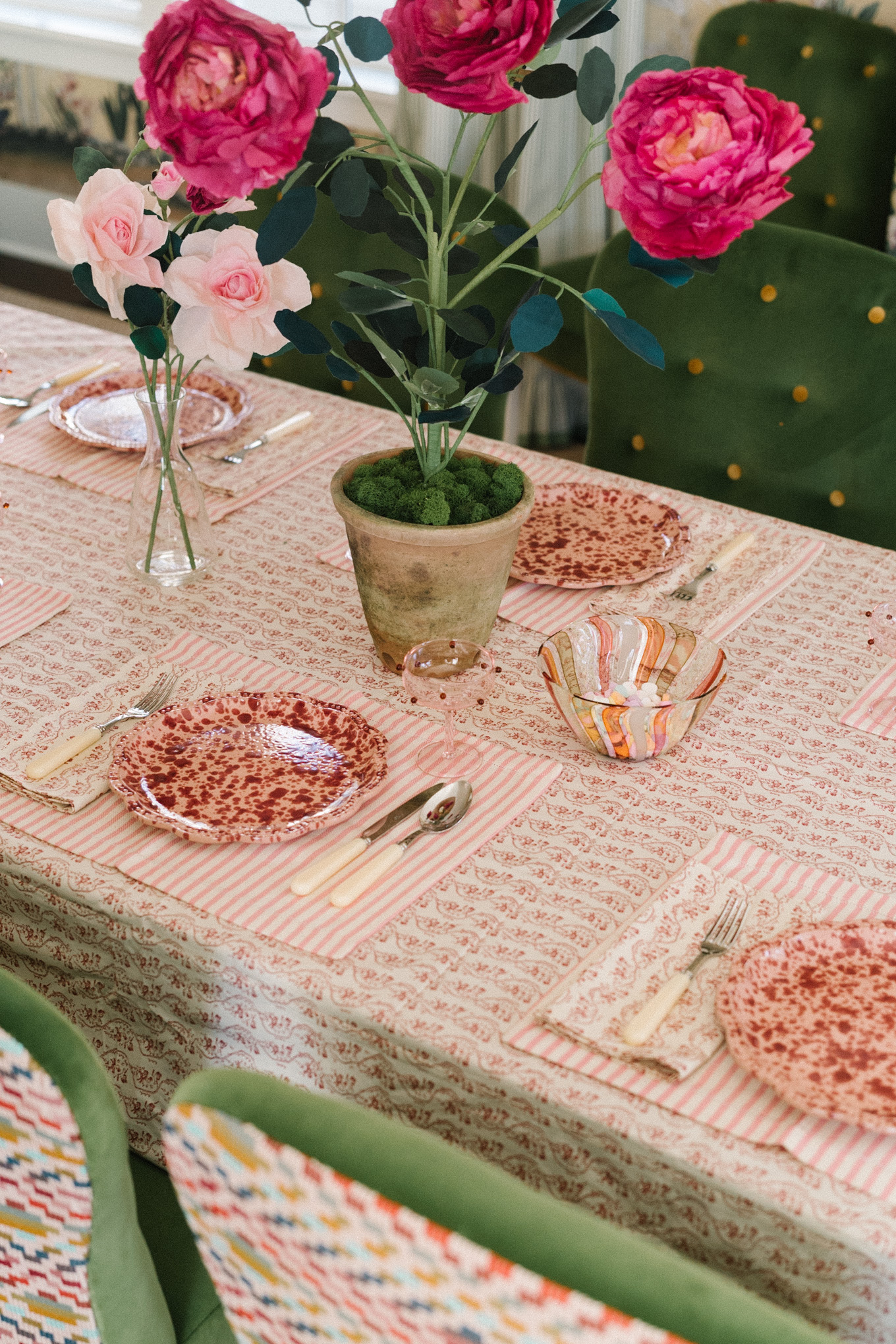 pink green romantic tablescape