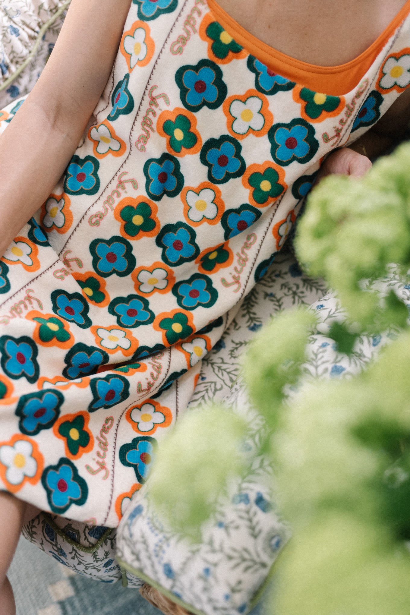 cream blue straight mini dress with orange patterns