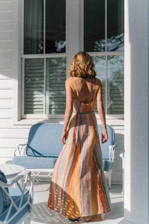 rainbow stripe linen maxi dress
