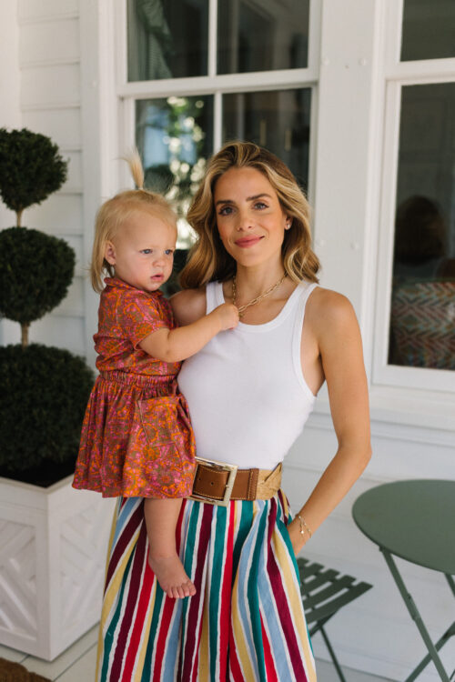 white tank woven belt rainbow stripe skirt