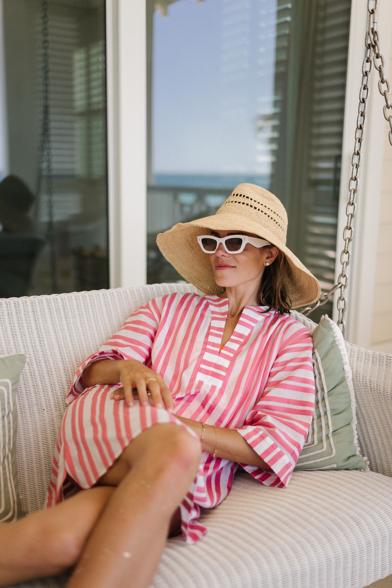 pink white striped coverup straw hat