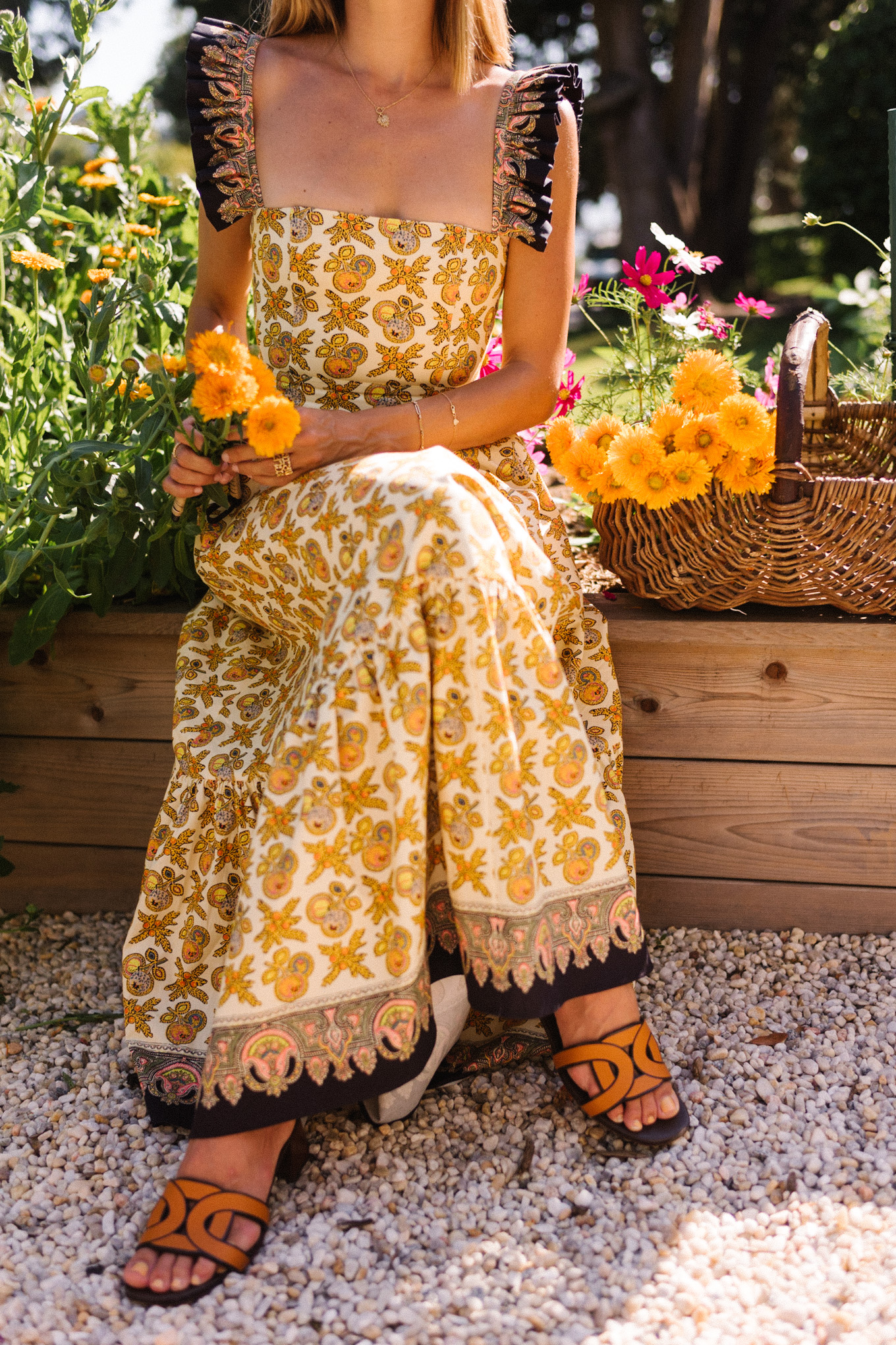 Yellow floral sundress Orange leather sandals