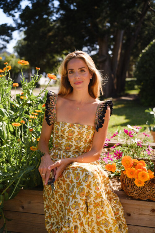 yellow floral sundress orange leather sandals